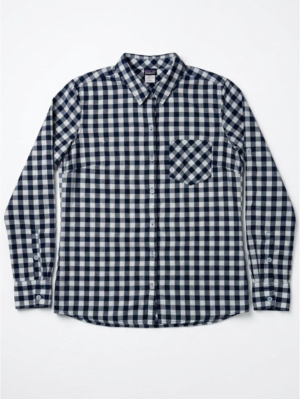 Patagonia Brookgreen Shirt Women’s 6 Blue White Gingham Organic Cotton Roll Tab